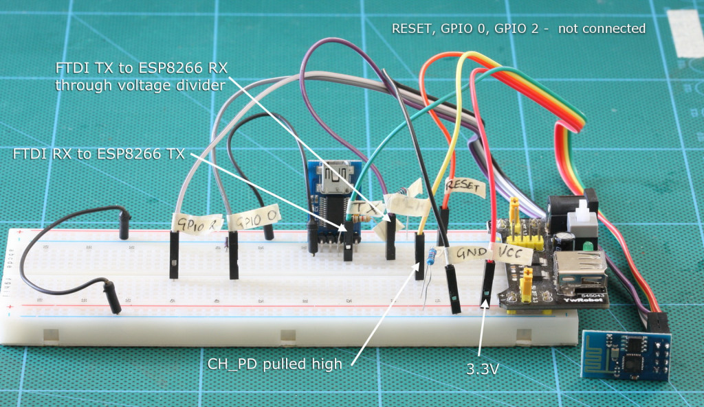 ESP8266-01 + FTDI on breadboard